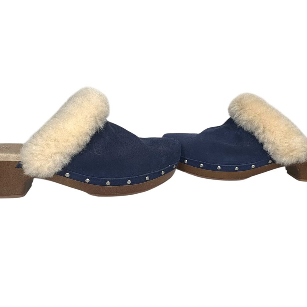 UGG Kalie Navy Blue Sherpa Lined Wooden Clogs Size US 6 - Picture 9 of 10